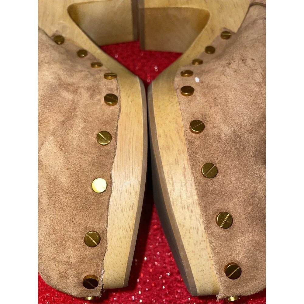 Veronica Beard Dacey Buckle Suede Clogs size 11M USA women Tan Pecan Wood Metals